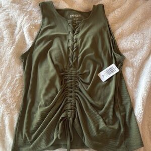 Olive Green Lace-Up Ruched Tank Top